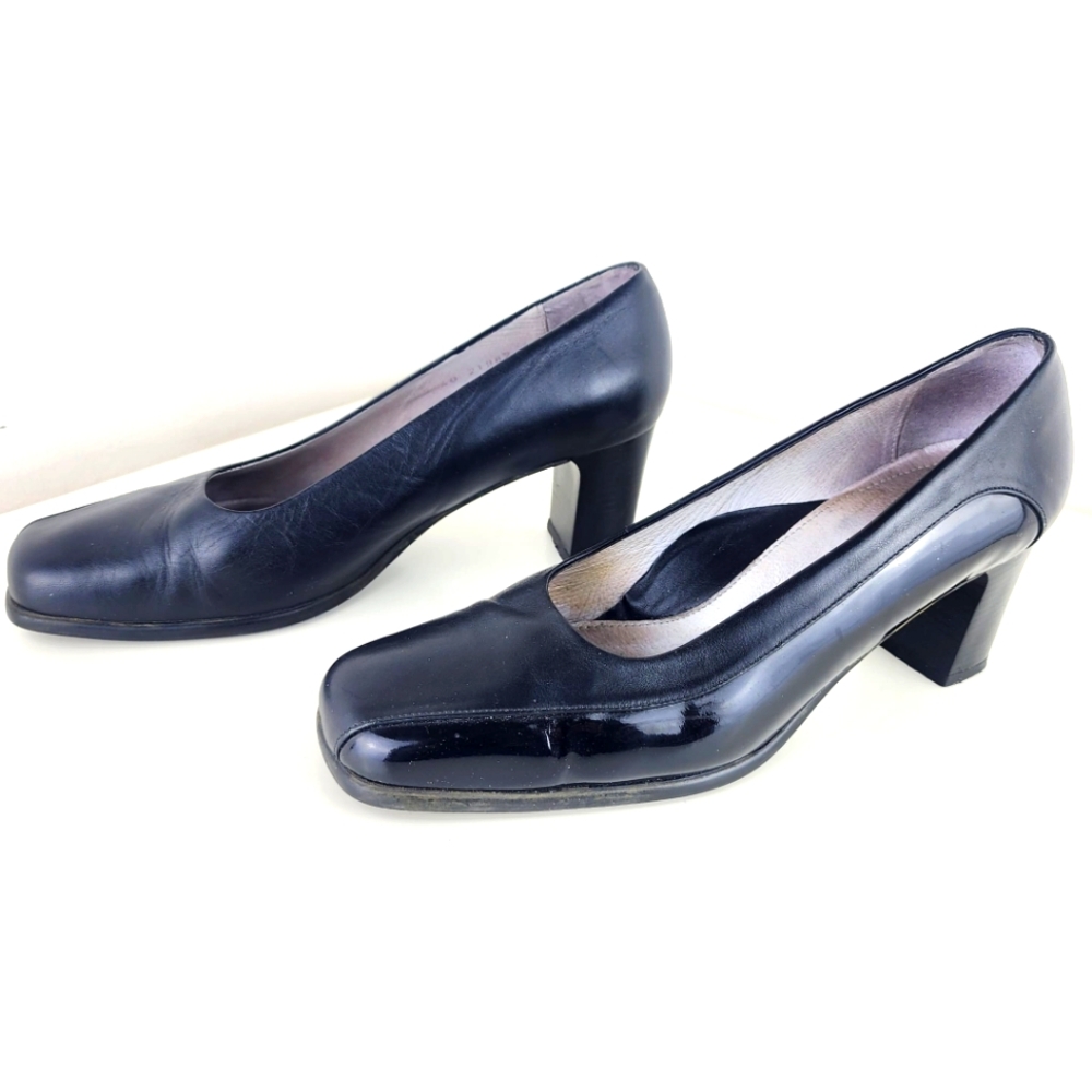 Vintage Beautyfeel Black Block Heel Leather Square Toe Pumps Size 10